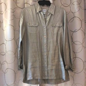 Chico"s Size 1 Metallic Tunic, button down front, two chest pockets, side slits